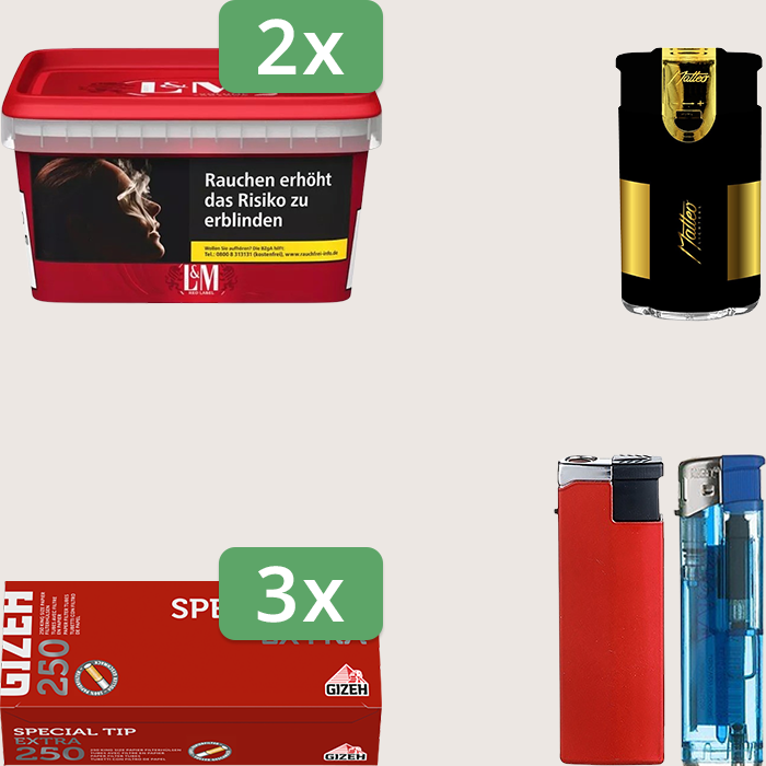 L&M Red 2 x 129 g Sparpaket mit 750 Gizeh Special Tip Extra Hülsen und Feuerzeugset L&M Red 2 x 129 g Sparpaket mit 750 Gizeh Special Tip Extra Hülsen und Feuerzeugset