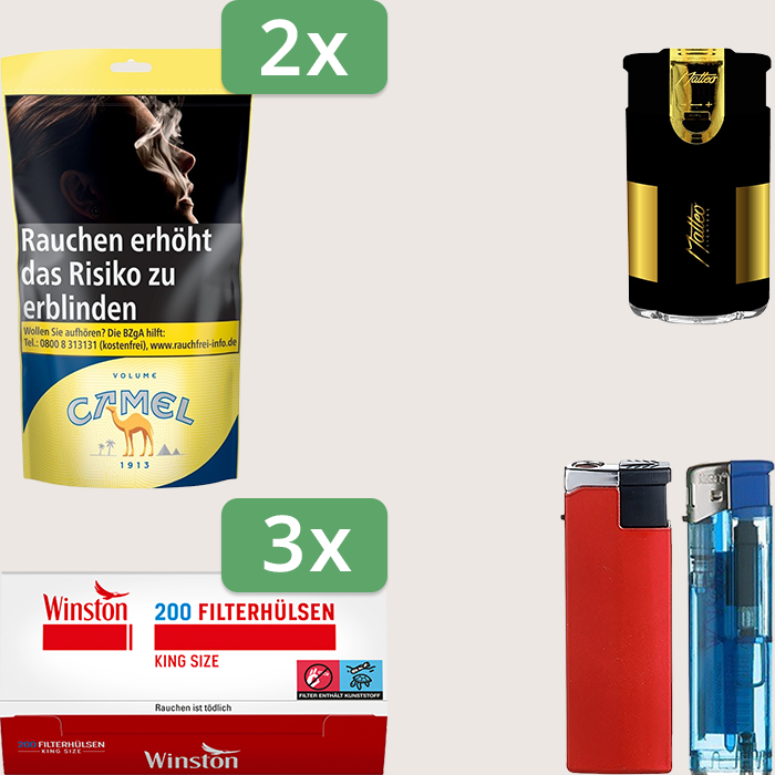 Camel Yellow 2 x 102 g Sparpaket mit 600 Winston Hülsen und Feuerzeugset