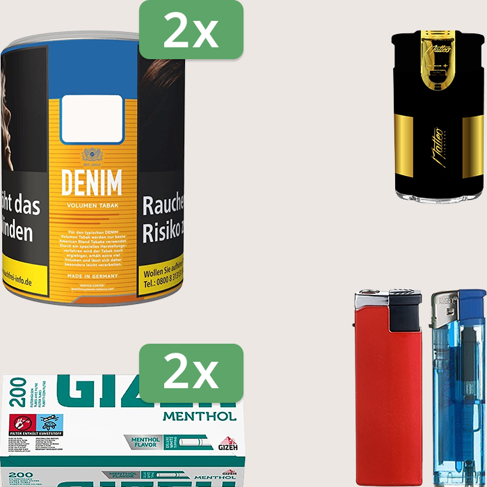Denim Classic 2 x 65 g Sparpaket mit 400 Gizeh Menthol Hülsen und Feuerzeugset