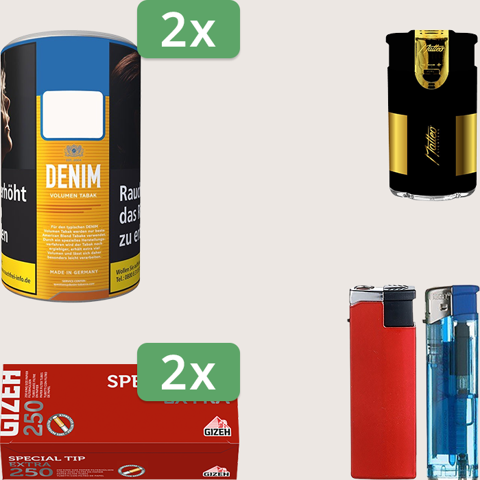 Denim Classic 2 x 90 g Sparpaket mit 500 Gizeh Special Tip Extra Hülsen und Feuerzeugset