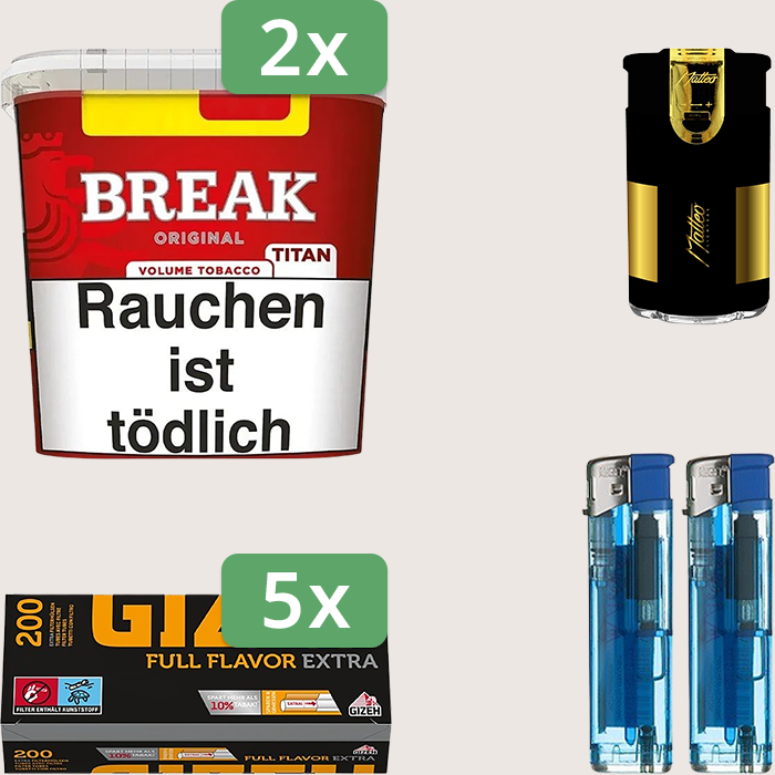 Break Original 2 x 300 g Sparpaket mit 1.000 Gizeh Full Flavor Extra Hülsen und Feuerzeugset