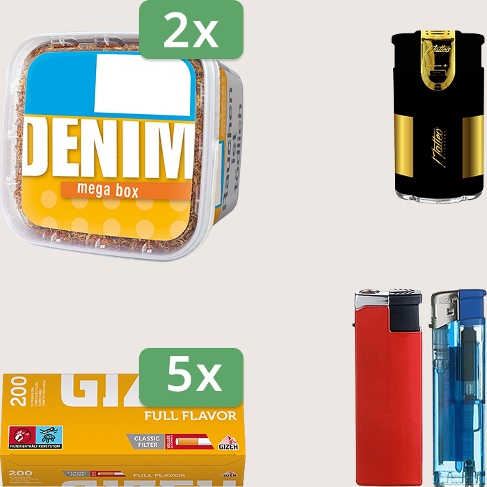 Denim Classic 2 x 220 g Sparpaket mit 1.000 Gizeh Full Flavor Hülsen und Feuerzeugset