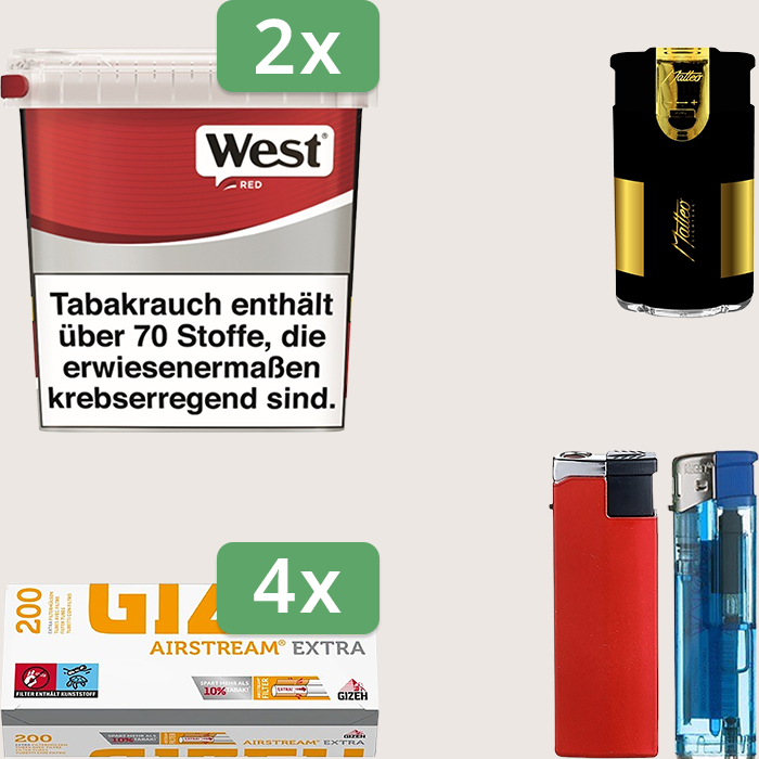 West Red 2 x 170 g Sparpaket mit 800 Gizeh Airstream Extra Hülsen und Feuerzeugset