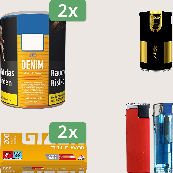 Denim Classic 2 x 65 g Sparpaket mit 400 Gizeh Full Flavor Hülsen und Feuerzeugset