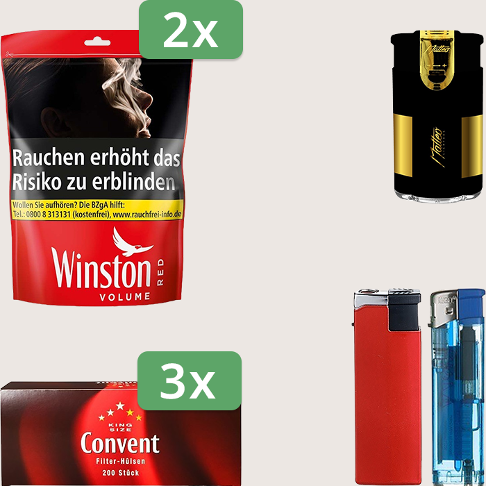 Winston Red 2 x 110 g Sparpaket mit 600 Convent Hülsen und Feuerzeugset