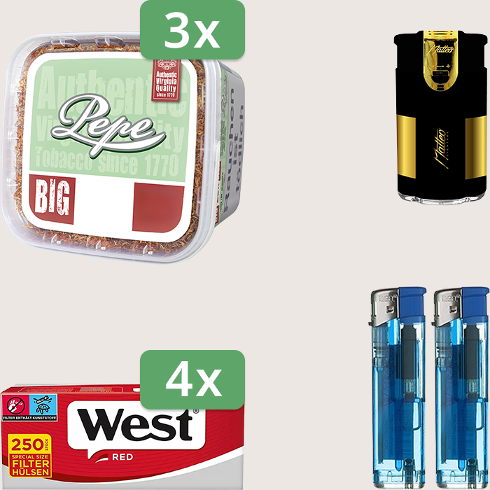 Pepe Bright Green 3 x 170 g Sparpaket mit 1.000 West Red Special Hülsen und Feuerzeugset