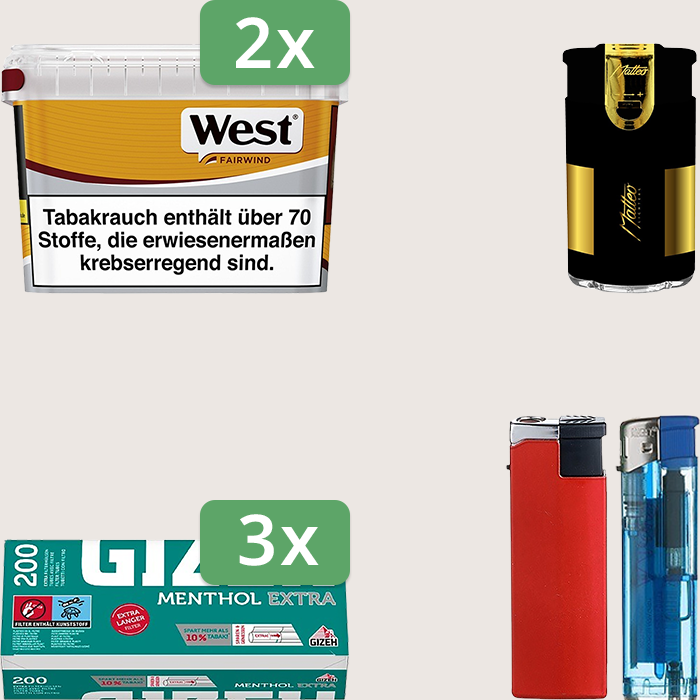 West Yellow 2 x 115 g Sparpaket mit 600 Gizeh Menthol Extra Hülsen und Feuerzeugset
