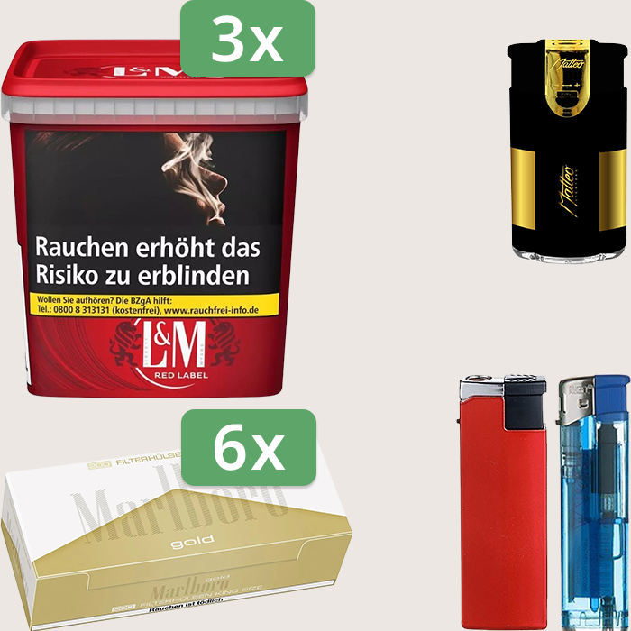L&M Red 3 x 185 g Sparpaket mit 1.200 Marlboro Gold Hülsen und Feuerzeugset L&M Red 3 x 185 g Sparpaket mit 1.200 Marlboro Gold Hülsen und Feuerzeugset
