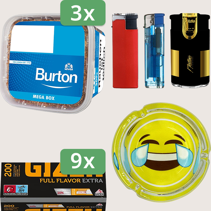 Burton Blue 3 x 250 g Sparpaket mit 1.800 Gizeh Full Flavor Extra Hülsen, Aschenbecher und Feuerzeugset