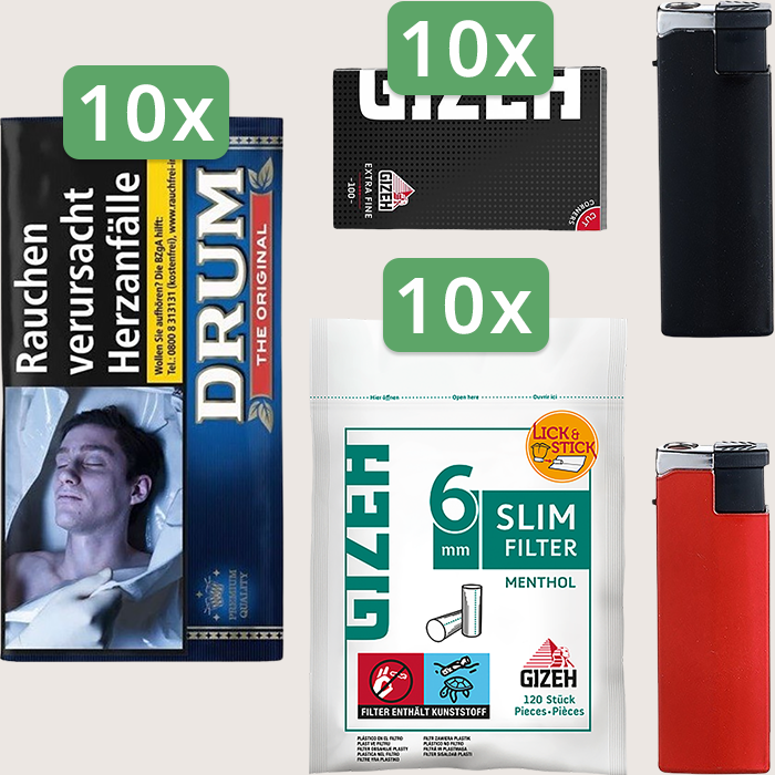Drum Original 10 x 50 g Sparpaket mit 1.000 Gizeh Black Extra Fine Magnet Blättchen und 1.200 Gizeh Slim Filter Menthol