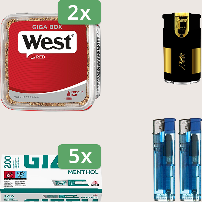 West Red 2 x 265 g Sparpaket mit 1.000 Gizeh Menthol Hülsen und Feuerzeugset