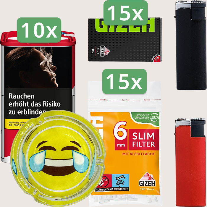 Marlboro Premium Red 10 x 105 g Sparpaket mit 1.500 Gizeh Black Fine Magnet Blättchen, 1.800 Gizeh Slim Filter 6 mm und Aschenbecher