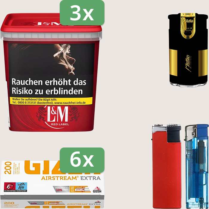 L&M Red 3 x 185 g Sparpaket mit 1.200 Gizeh Airstream Extra Hülsen und Feuerzeugset