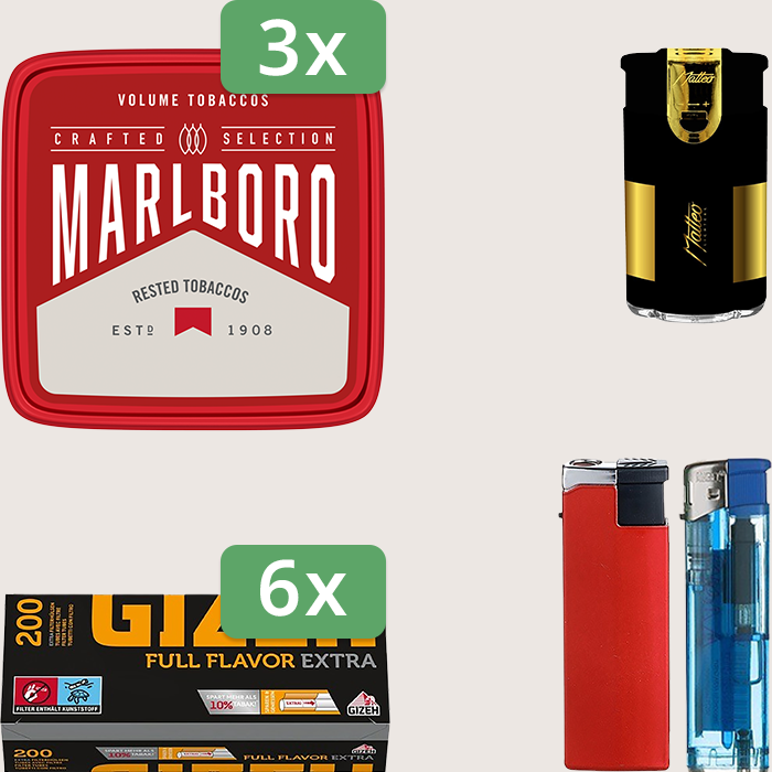 Marlboro Crafted 3 x 230 g Sparpaket mit 1.200 Gizeh Full Flavor Extra Hülsen und Feuerzeugset