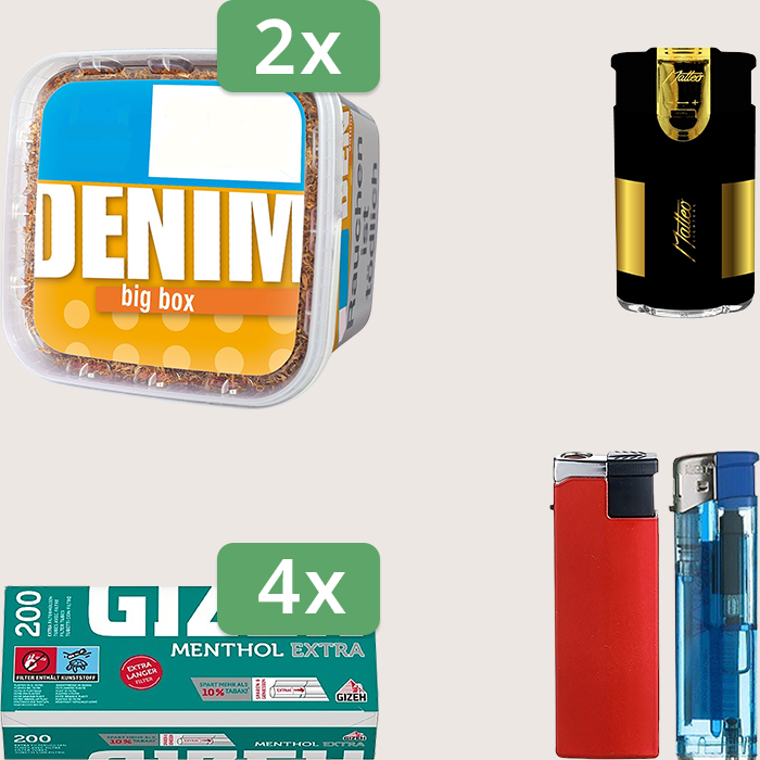 Denim Classic 2 x 160 g Sparpaket mit 800 Gizeh Menthol Extra Hülsen und Feuerzeugset