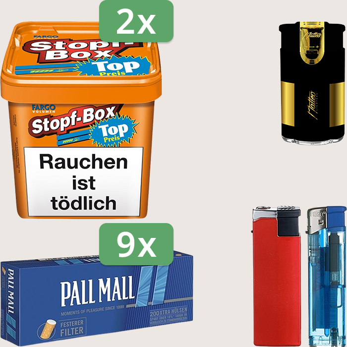 Fargo Stopfbox 2 x 420 g Sparpaket mit 1.800 Pall Mall Blue Xtra Hülsen Hülsen und Feuerzeugset