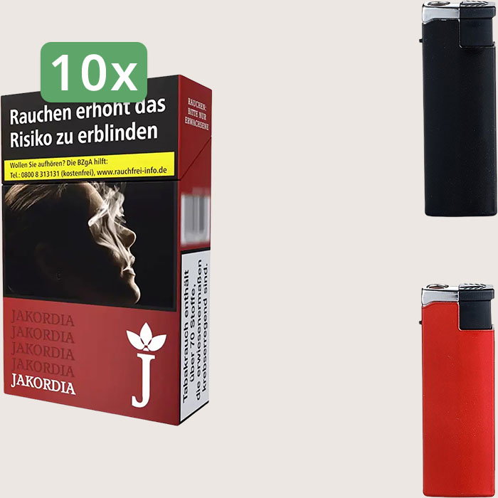 Jakordia Red Long 10 x 6,00 € Sparpaket mit 200 Zigaretten und Feuerzeugset