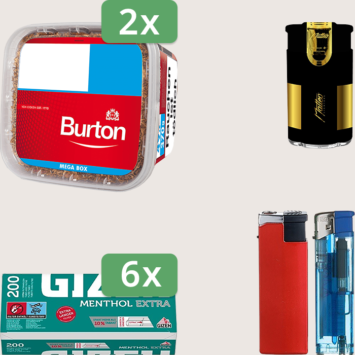 Burton Full Red 2 x 270 g Sparpaket mit 1.200 Gizeh Menthol Extra Hülsen und Feuerzeugset