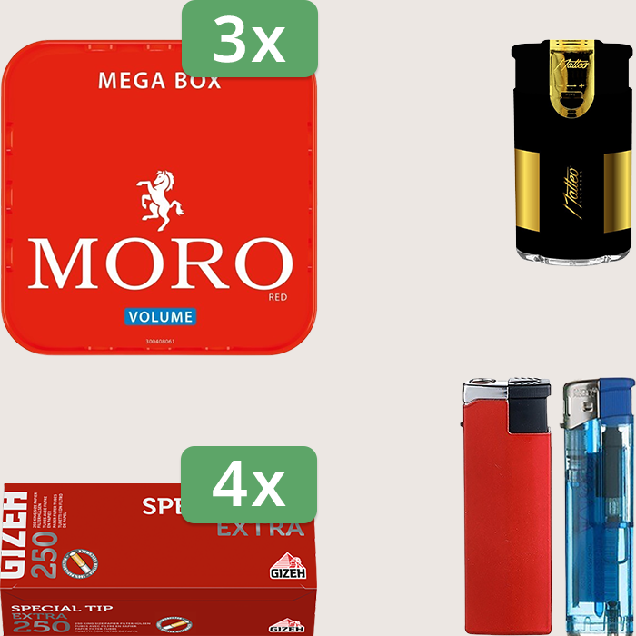 Moro Red 3 x 155 g Sparpaket mit 1.000 Gizeh Special Tip Extra Hülsen und Feuerzeugset