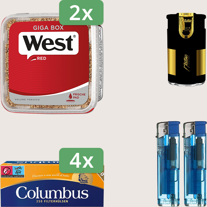 West Red 2 x 265 g Sparpaket mit 1.000 Columbus Hülsen und Feuerzeugset