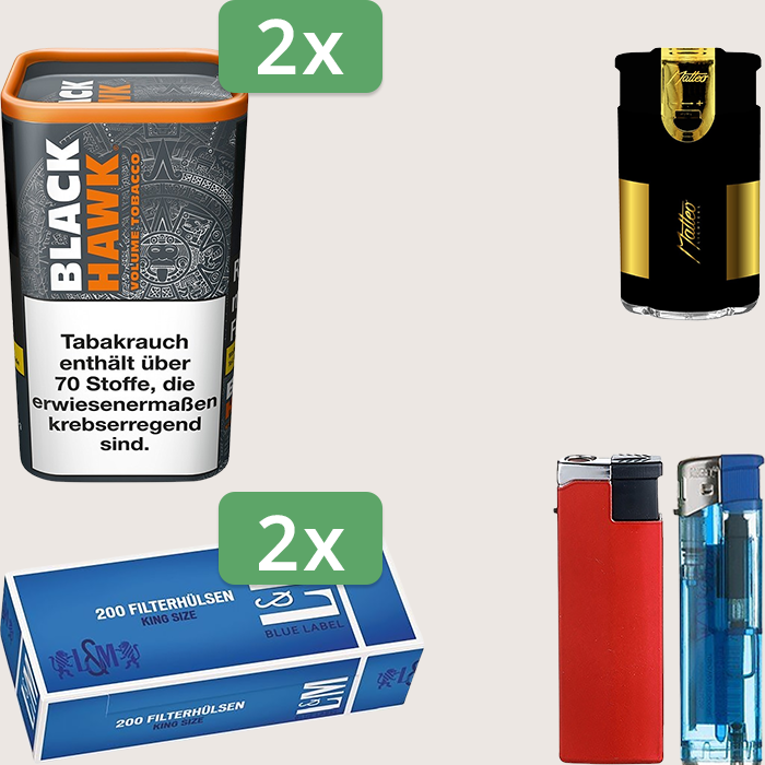 Black Hawk 2 x 90 g Sparpaket mit 400 L&M Blue Label Hülsen und Feuerzeugset
