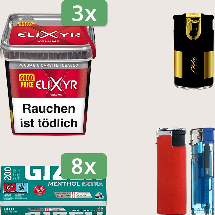Elixyr Red 3 x 245 g Sparpaket mit 1.600 Gizeh Menthol Extra Hülsen und Feuerzeugset