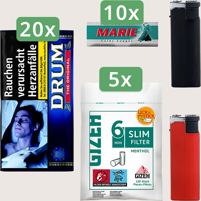 Drum Original 20 x 30 g Sparpaket mit 1.000 Marie Blättchen und 600 Gizeh Slim Filter Menthol