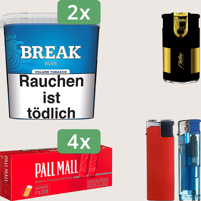 Break Blue 2 x 195 g Sparpaket mit 800 Pall Mall Red Xtra Hülsen und Feuerzeugset
