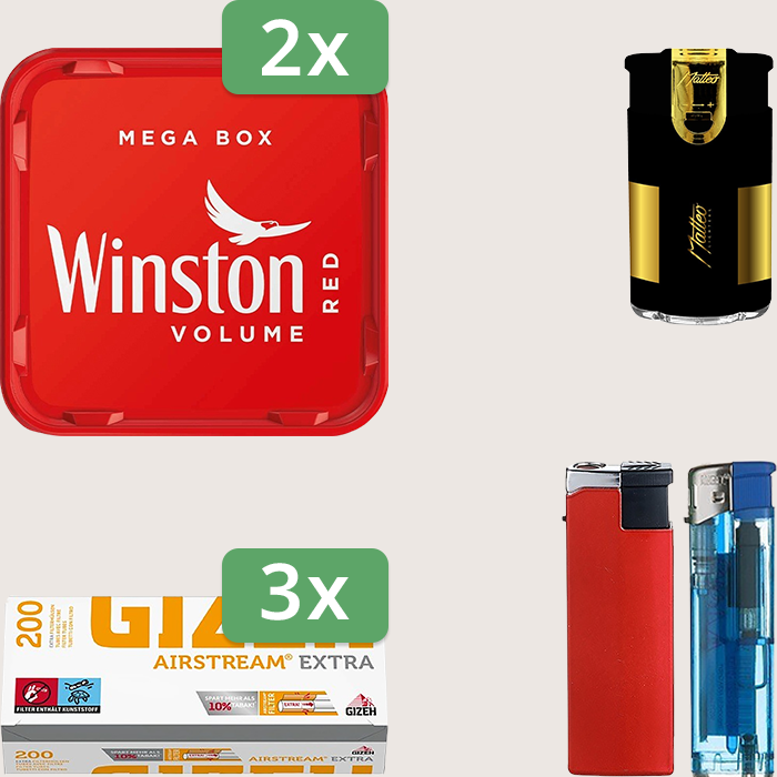Winston Red 2 x 135 g Sparpaket mit 600 Gizeh Airstream Extra Hülsen und Feuerzeugset