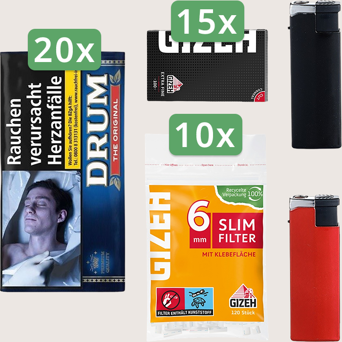 Drum Original 20 x 50 g Sparpaket mit 1.500 Gizeh Black Extra Fine Magnet Blättchen und 1.200 Gizeh Slim Filter 6 mm