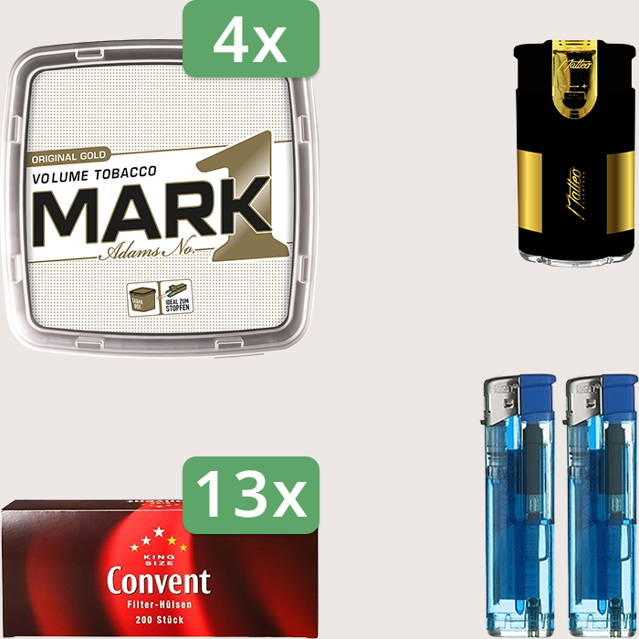 Mark 1 Gold 4 x 400 g Sparpaket mit 2.600 Convent Hülsen und Feuerzeugset