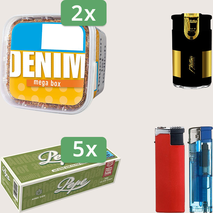 Denim Classic 2 x 220 g Sparpaket mit 1.000 Pepe Hülsen und Feuerzeugset