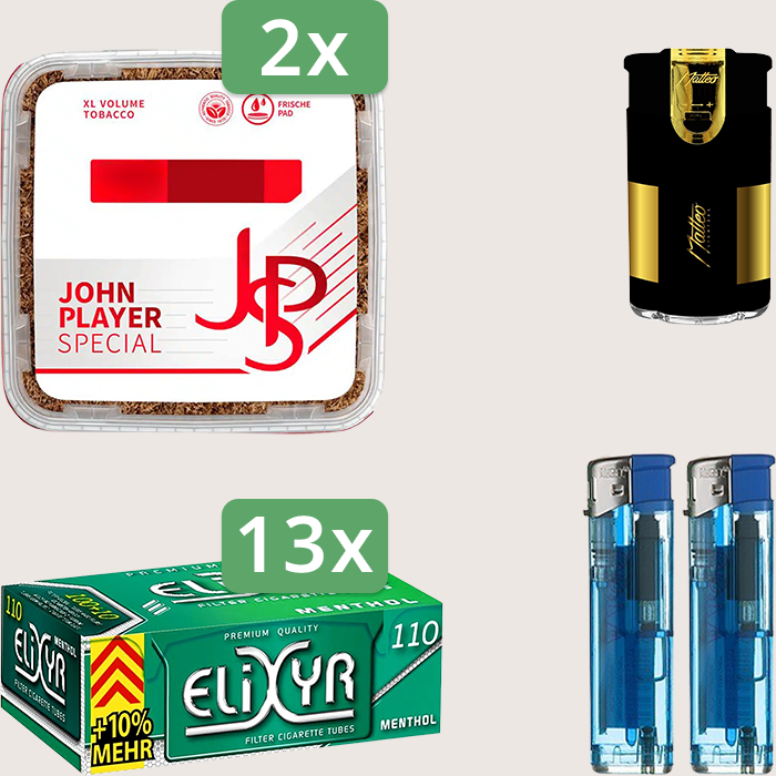 JPS Red 2 x 420 g Sparpaket mit 1.430 Elixyr Energy Plus Menthol Hülsen und Feuerzeugset
