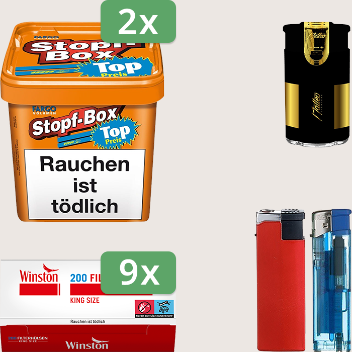 Fargo Stopfbox 2 x 420 g Sparpaket mit 1.800 Winston Hülsen und Feuerzeugset