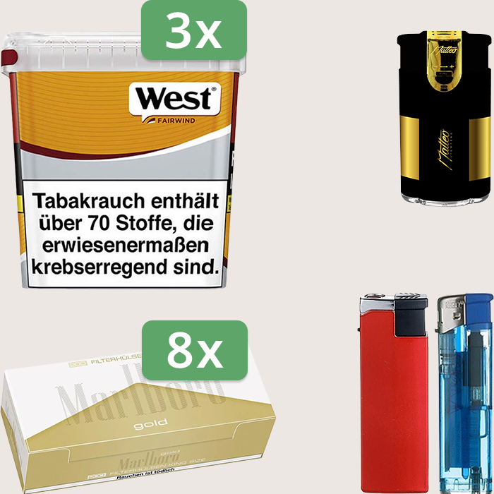 West Yellow 3 x 235 g Sparpaket mit 1.600 Marlboro Gold Hülsen und Feuerzeugset