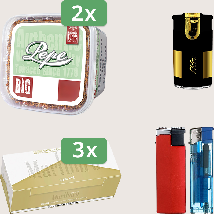 Pepe Bright Green 2 x 170 g Sparpaket mit 750 Marlboro Gold Extra Hülsen und Feuerzeugset