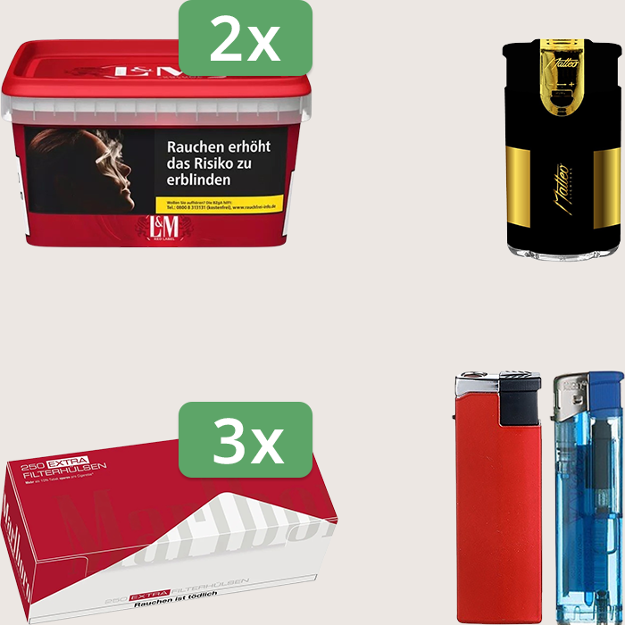 L&M Red 2 x 129 g Sparpaket mit 750 Marlboro Red Extra Hülsen und Feuerzeugset L&M Red 2 x 129 g Sparpaket mit 750 Marlboro Red Extra Hülsen und Feuerzeugset