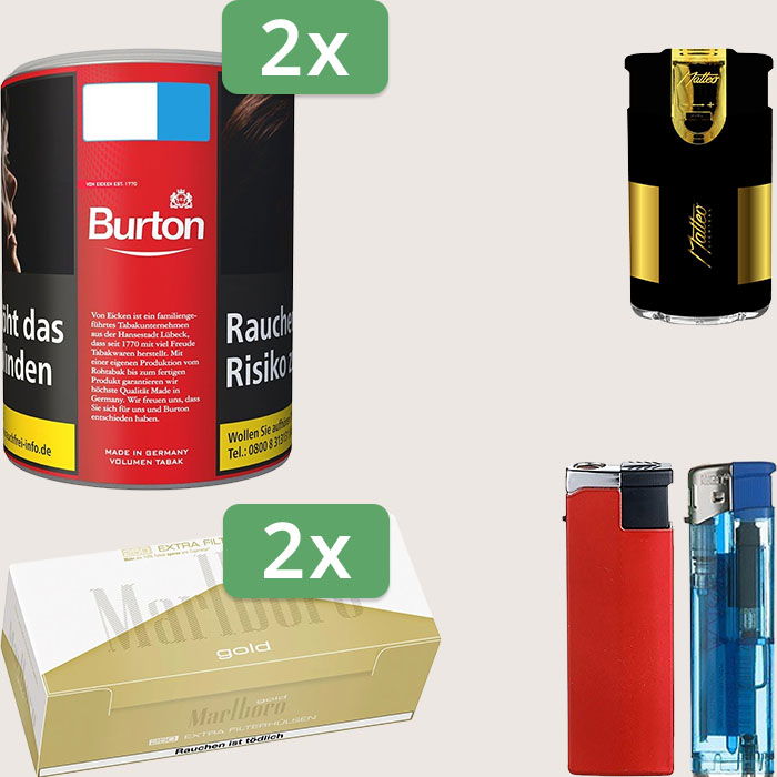 Burton Full Red 2 x 65 g Sparpaket mit 500 Marlboro Gold Extra Hülsen und Feuerzeugset