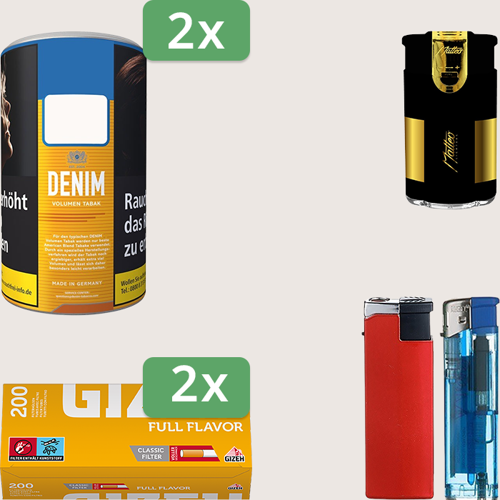 Denim Classic 2 x 90 g Sparpaket mit 400 Gizeh Full Flavor Hülsen und Feuerzeugset