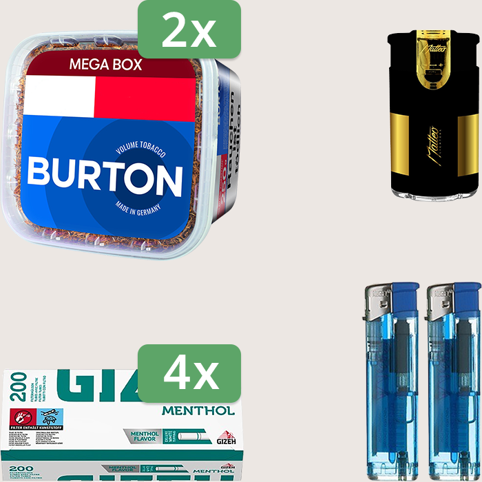 Burton Blue 2 x 250 g Sparpaket mit 800 Gizeh Menthol Hülsen und Feuerzeugset
