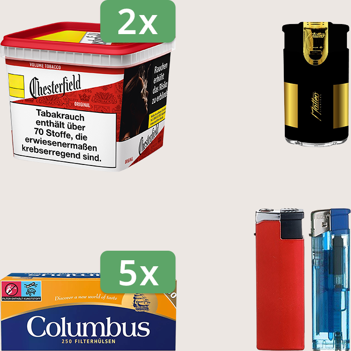 Chesterfield Original Red 2 x 245 g Sparpaket mit 1.250 Columbus Hülsen und Feuerzeugset
