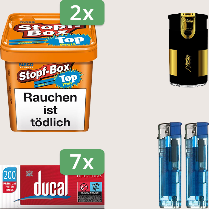 Fargo Stopfbox 2 x 400 g Sparpaket mit 1.400 Ducal Hülsen und Feuerzeugset