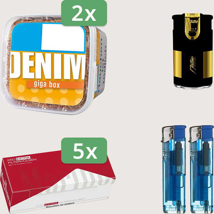 Denim Classic 2 x 315 g Sparpaket mit 1.250 Marlboro Red Extra Hülsen und Feuerzeugset