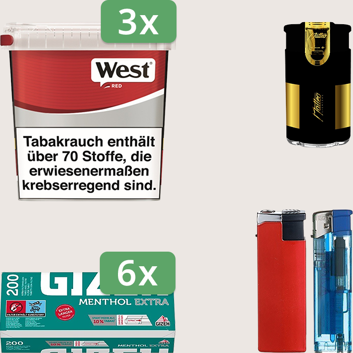 West Red 3 x 170 g Sparpaket mit 1.200 Gizeh Menthol Extra Hülsen und Feuerzeugset West Red 3 x 170 g Sparpaket mit 1.200 Gizeh Menthol Extra Hülsen und Feuerzeugset
