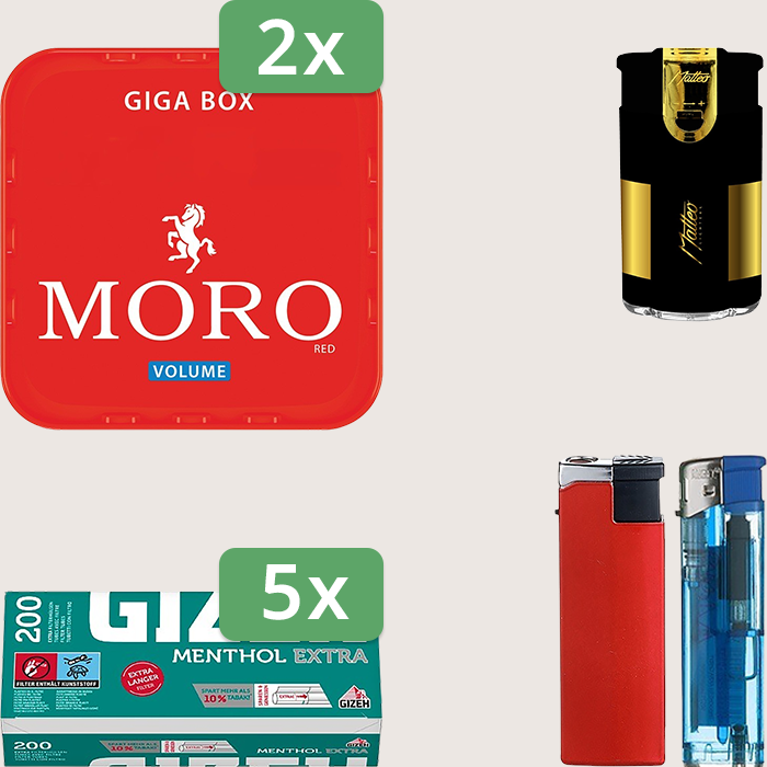 Moro Red 2 x 245 g Sparpaket mit 1.000 Gizeh Menthol Extra Hülsen und Feuerzeugset Moro Red 2 x 245 g Sparpaket mit 1.000 Gizeh Menthol Extra Hülsen und Feuerzeugset