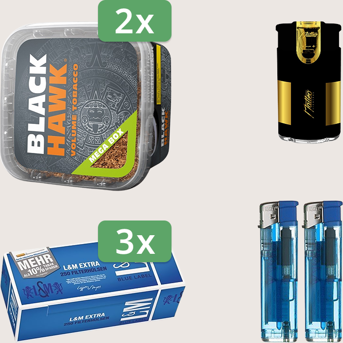 Black Hawk 2 x 230 g Sparpaket mit 750 L&M Extra Blue Label Hülsen und Feuerzeugset
