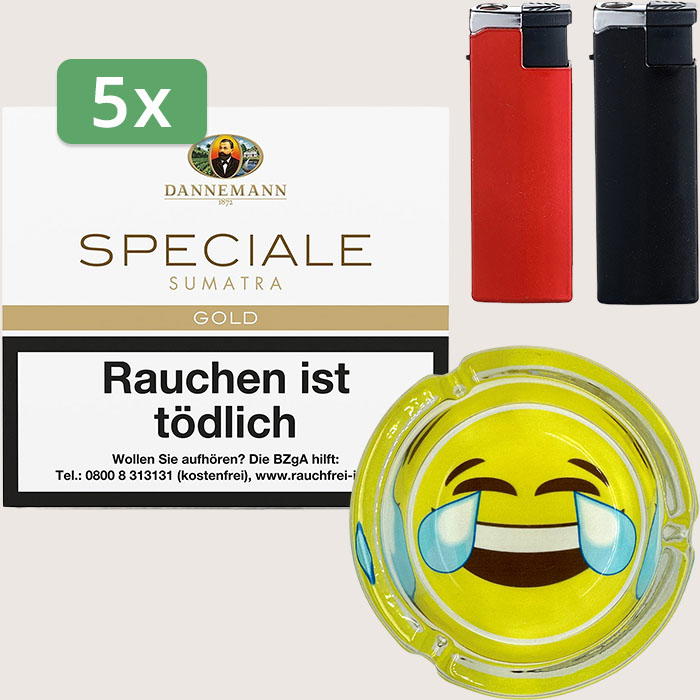 Dannemann Speciale Sumatra Gold 5 x 7,46 € Sparpaket mit 100 Zigarillos, Aschenbecher und Feuerzeugset Dannemann Speciale Sumatra Gold 5 x 7,46 € Sparpaket mit 100 Zigarillos, Aschenbecher und Feuerzeugset
