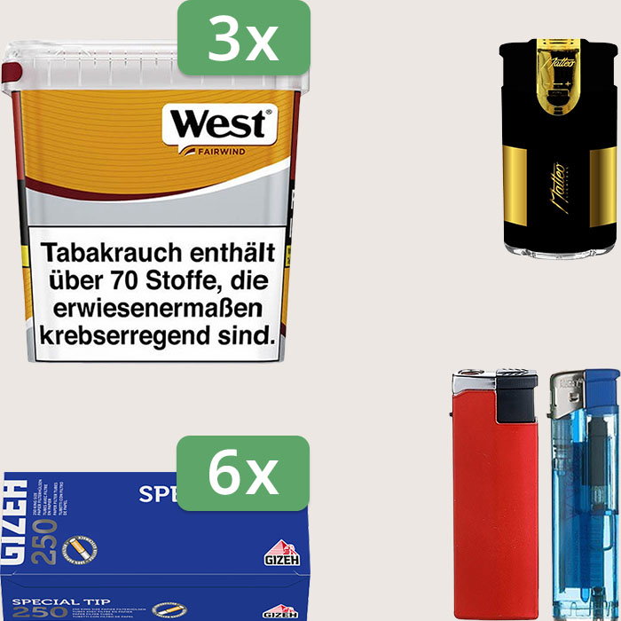 West Yellow 3 x 235 g Sparpaket mit 1.500 Gizeh Special Tip Hülsen und Feuerzeugset