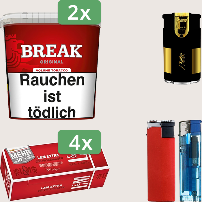 Break Original 2 x 195 g Sparpaket mit 1.000 L&M Extra Red Label Hülsen und Feuerzeugset