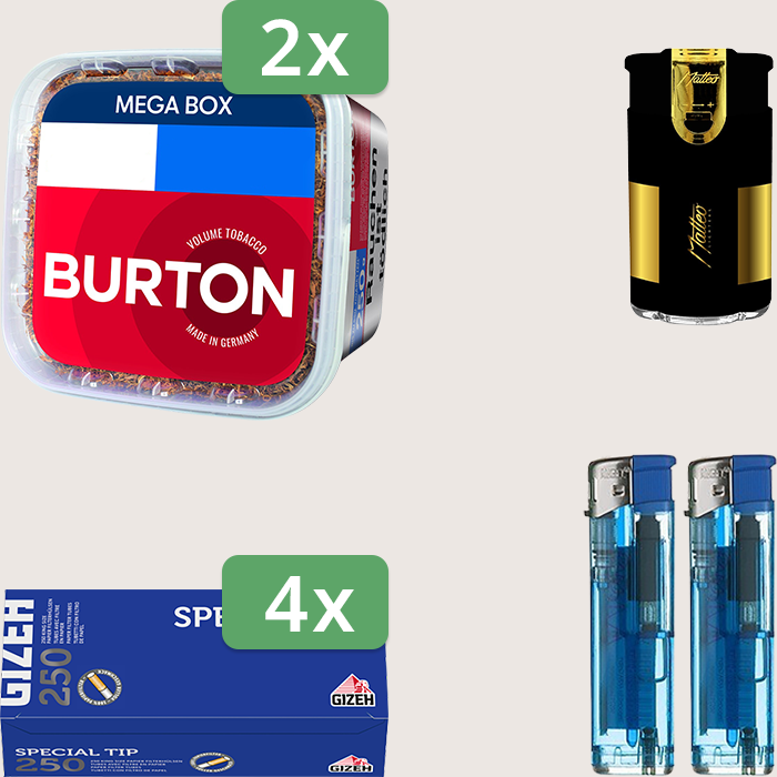 Burton Full Red 2 x 270 g Sparpaket mit 1.000 Gizeh Special Tip Hülsen und Feuerzeugset Burton Full Red 2 x 270 g Sparpaket mit 1.000 Gizeh Special Tip Hülsen und Feuerzeugset
